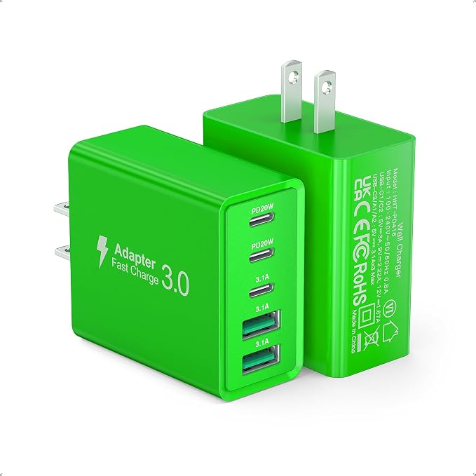 2 Pack 50W USB C Fast Charger Block, 5-Port Type C Wall Charger Brick, 2 USB A by Qwinjwin