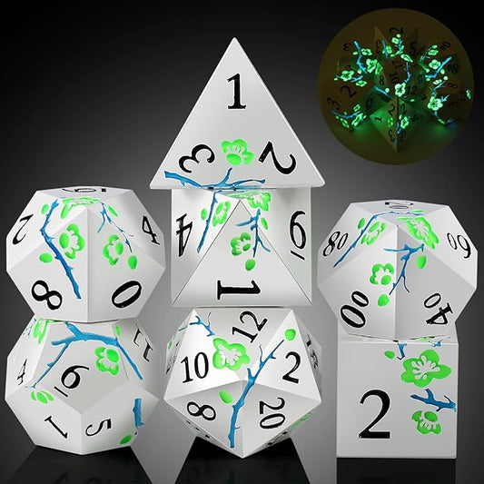 Glow in The Dark Metal Dice, DNDND 7 PCS Green Metallic D&D Dice Set by DNDND