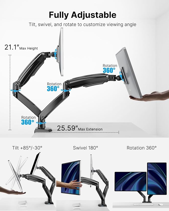 HUANUO Dual Monitor Stand for 13 to 40 inch, Premium Dual Monitor Mount - Image 5