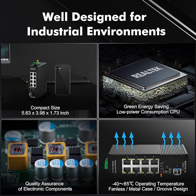 MokerLink 8 Port Gigabit Industrial DIN-Rail Ethernet Switch, 2 SFP Ports - Image 5