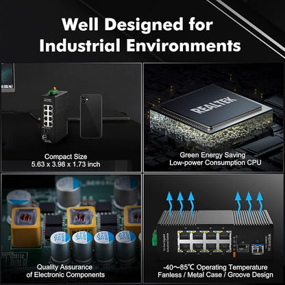 MokerLink 8 Port Gigabit Industrial DIN-Rail Ethernet Switch, 2 SFP Ports - Image 5