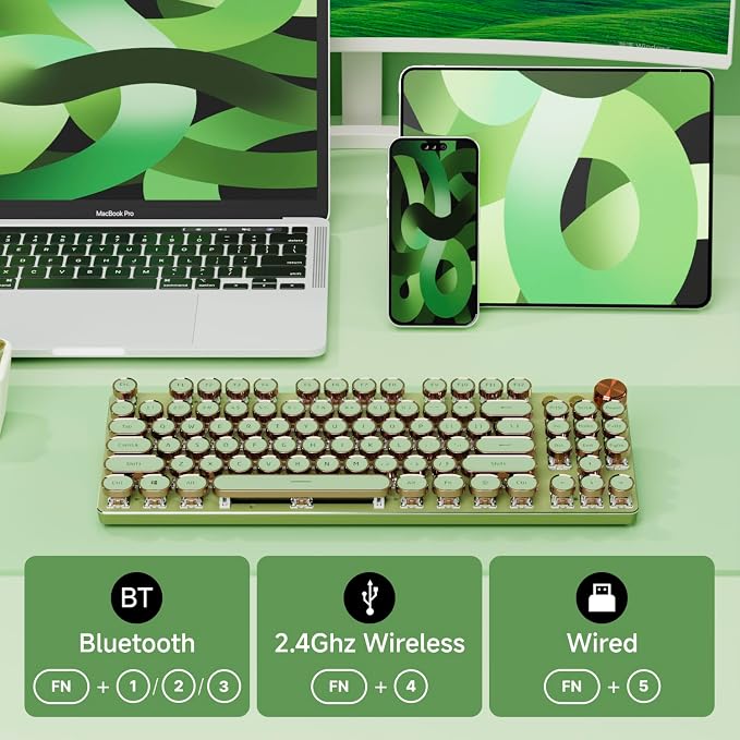 EWEADN V20 Green Typewriter Keyboard, 87 Keys Backlit Typewriter Style - Image 3