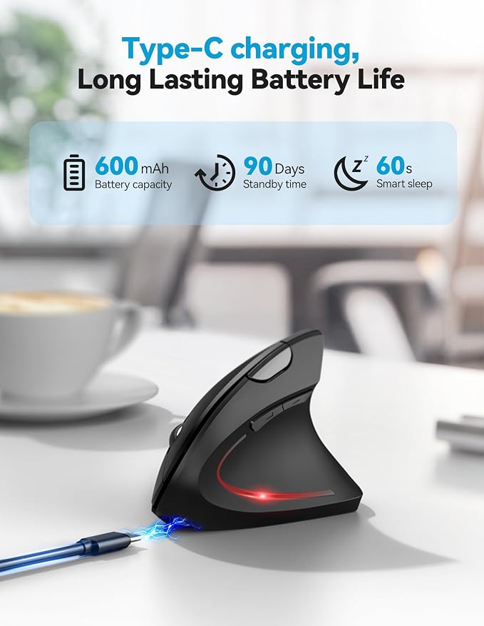 TECKNET Ergonomic Mouse, Rechargeable 2.4G+Bluetooth Vertical Mice 6 DPI - Image 4