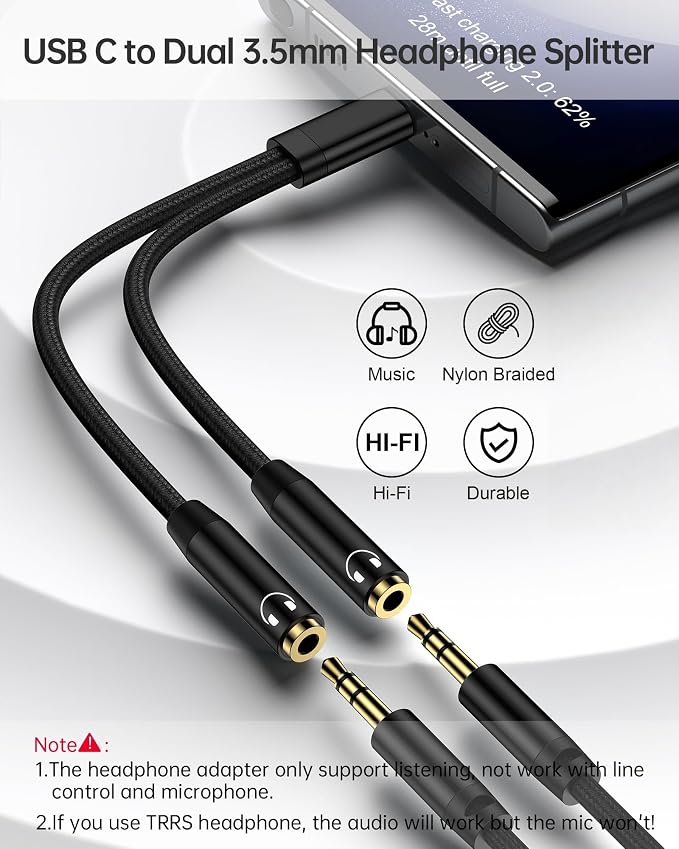 Headphone Splitter for 2 Headphones, USB C to Dual 3.5mm Female Aux Splitters - Image 2