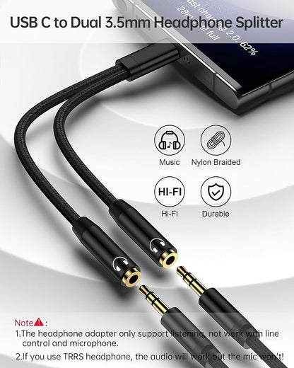Headphone Splitter for 2 Headphones, USB C to Dual 3.5mm Female Aux Splitters - Image 2