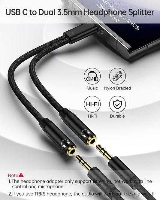 Headphone Splitter for 2 Headphones, USB C to Dual 3.5mm Female Aux Splitters - Image 2