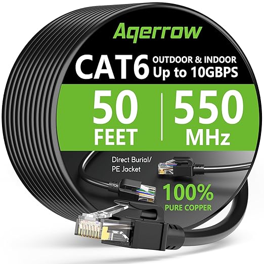Aqerrow Cat6 Ethernet Cable 50FT, Outdoor Direct Burial Cat 6 Cable 24AWG High by EthernetCable