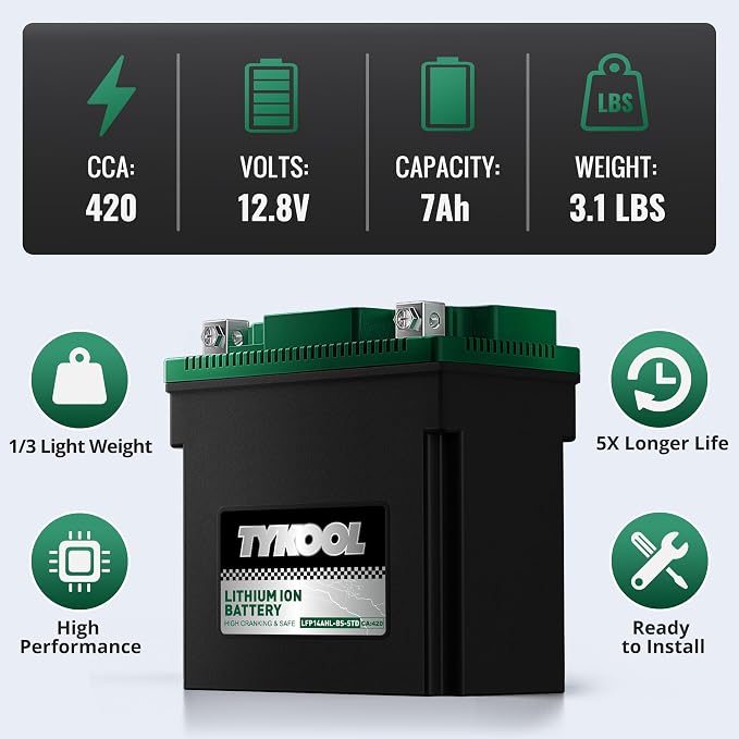 TYKOOL YTX14AHL-BS-STD LiFePO4 Lithium Motorcycle Battery, 12.8V 7Ah, Digital - Image 4