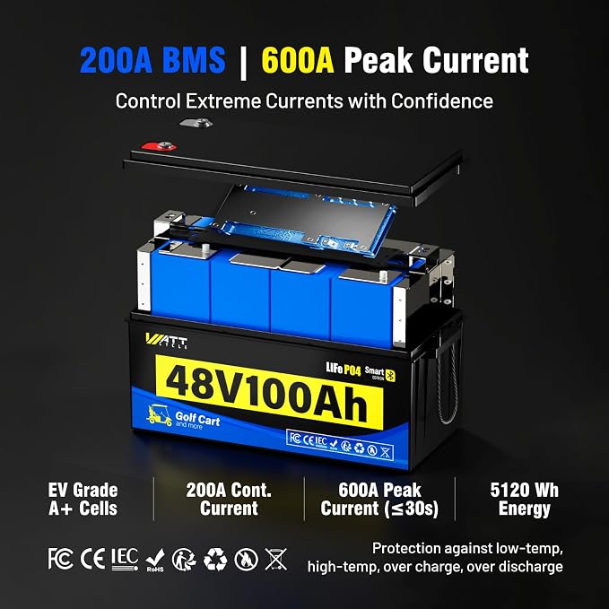 48V Lithium Battery Golf Cart Built-in BMS 200A Bluetooth, 48 Volt 100Ah - Image 3