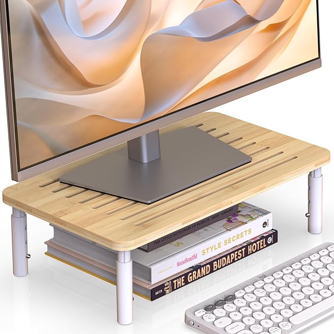 Bamboo Monitor Stand Riser, 4 Adjustable Height, Laptop Stand by WELLWENG