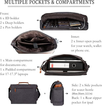 ESTARER Laptop Messenger Bag 17-17.3 Inch Water-resistant Canvas Shoulder Bag - Image 5