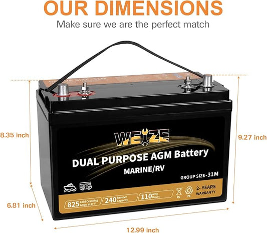 Weize BCI Group 31M Dual Purpose AGM Battery, 240RC 825CCA 12V 110AH Starter & - Image 2
