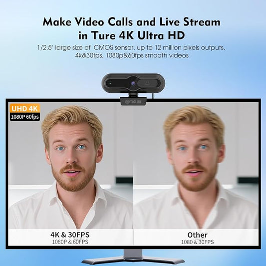 TOALLIN 4K Webcam for PC, 1/2.5" Sensor & 12MP, 1080P & 60FPS, PDAF Auto-Focus - Image 2