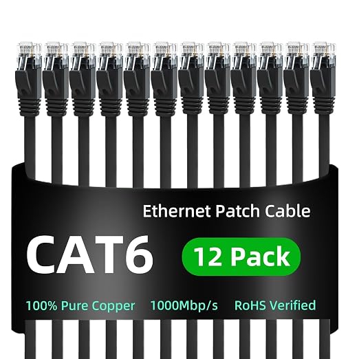Yauhody CAT 6 Ethernet Cable 15ft 12-Pack Black, High Speed Solid Flat CAT6 by Yauhody