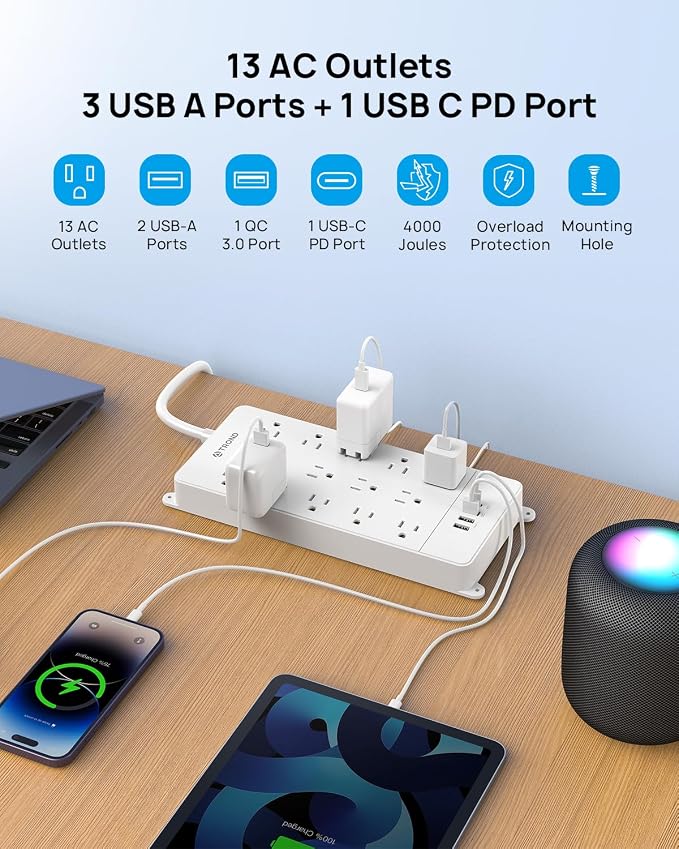 TROND Surge Protector Power Strip 15 ft, Flat Plug Extension Cord, 13 Wide - Image 5