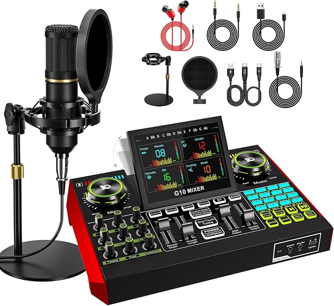 Podcast Microphone Bundle with Live Sound Card Audio Mixer, Podcast Equipment by neculogy