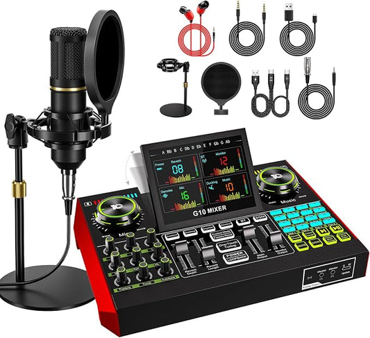 Podcast Microphone Bundle with Live Sound Card Audio Mixer, Podcast Equipment by neculogy
