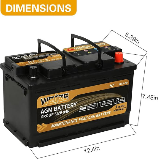 Weize Platinum AGM Battery BCI Group 94R - 12v 80ah H7 Size 94R Automotive - Image 2