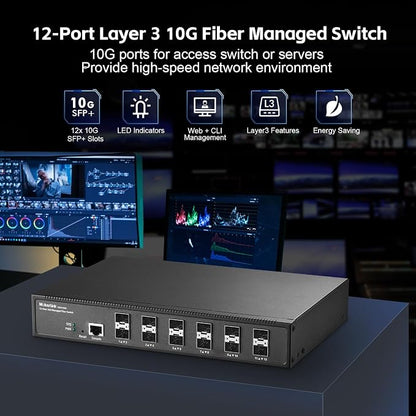 MokerLink 12 Port 10G SFP+ Managed Fiber Switch, 1G/10G SFP Slot, L3 Web/CLI - Image 2