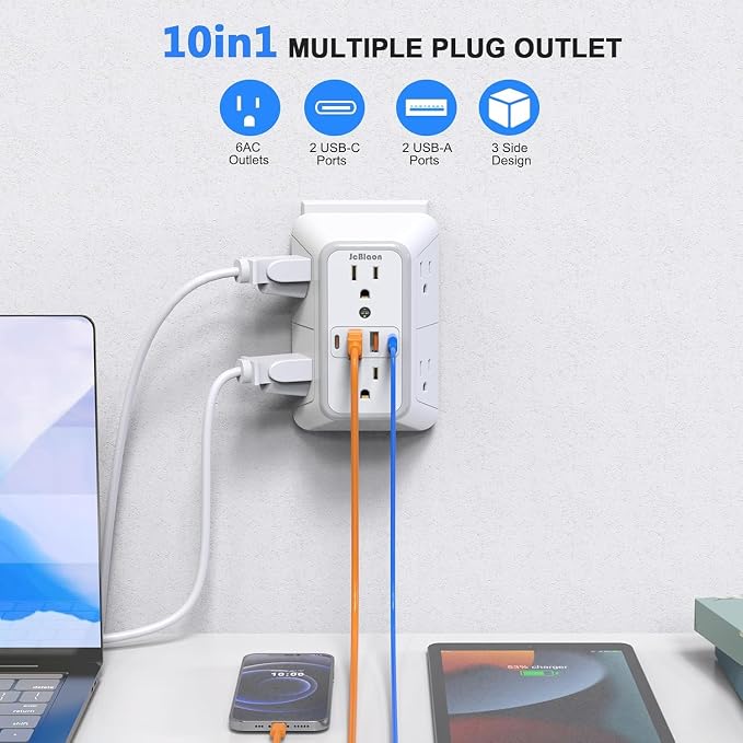 2 Pack Wall Charger, Surge Protector 6 Outlet Extender Multi Plug Wall Outlets - Image 4