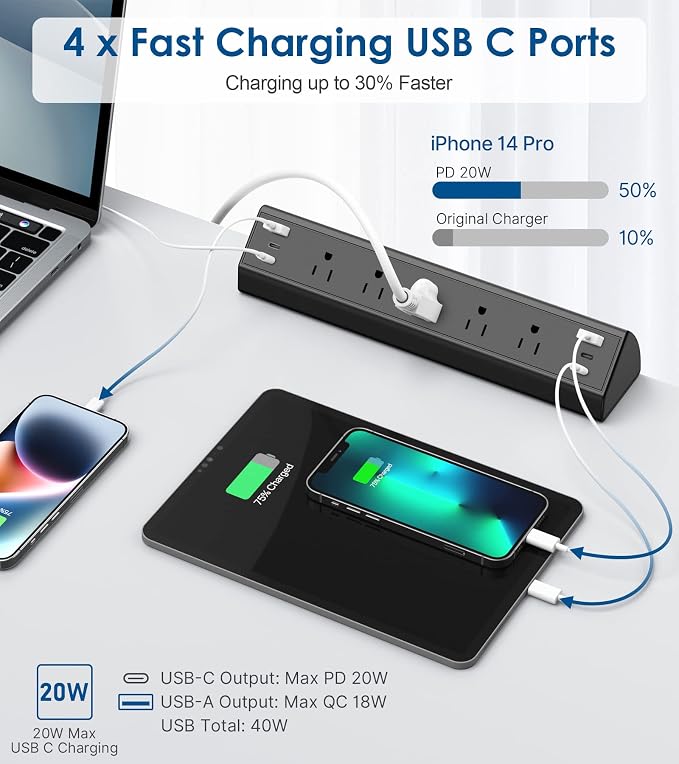 Desk Clamp Power Strip USB C, Under Desk Mount Power Station, 20W Fast Charging - Image 2