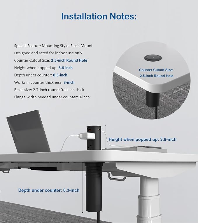 Pop up Outlet for Countertop, 65W USB C Fast Charging Port, 2.5-inch Hole - Image 7