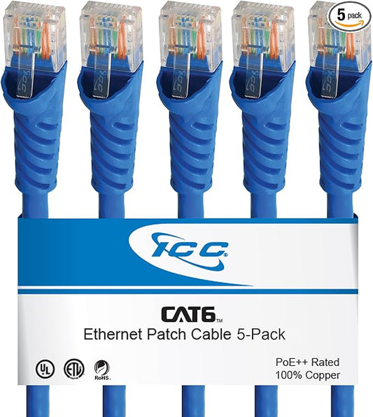 ICC CAT6 Ethernet Patch Cord 10 FT 5-Pack, UTP 24 AWG UL Listed, 100% Stranded by ICC