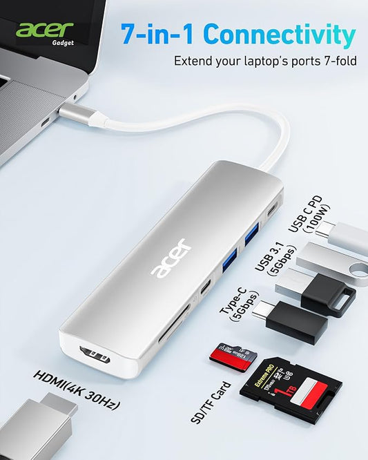Acer USB C Dock, 7 in 1 USB C to HDMI Hub, 2 USB 3.1 GEN1 and 5Gbps Type-C Data - Image 2