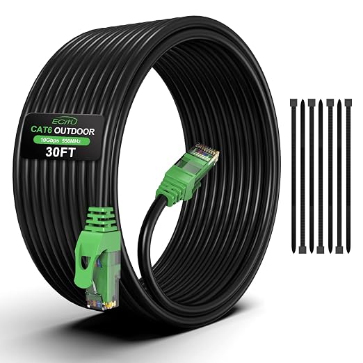 30FT Cat6 Outdoor Ethernet Cable, Heavy Duty Direct Burial, 24AWG CCA Patch Cord by ECJTU-US