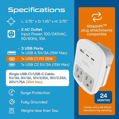 Ceptics 35W Universal Travel Adapter Kit – 2 USA sockets, 1x PD 35W USB-C and - Image 4