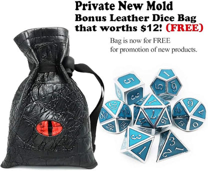 Haxtec Glow in The Dark Metal Dice Set D&D Glowing Blue Silver W/Dragon Dice - Image 2