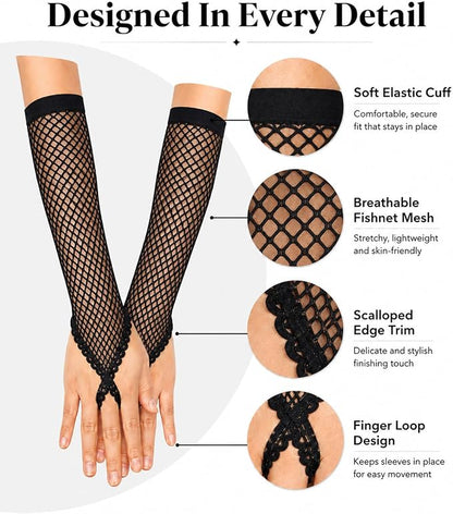 Seeksmile Women's Girls 80's Theme Party Emo Fingerless Arm Fishnet Gloves - Image 4