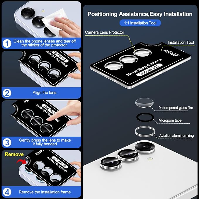 for Samsung Galaxy S25 Camera Lens Protector, Individual Metal Ring Tempered - Image 6