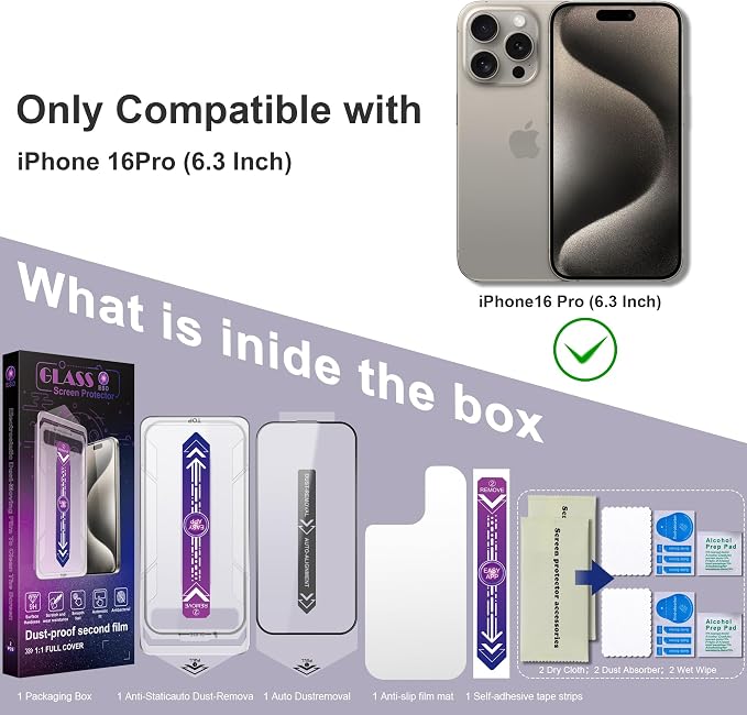 2 Pack Screen Protector for iPhone 16 Pro, 9H Tempered Glass, Full Coverage - Image 7