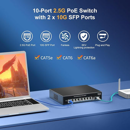 8 Port 2.5G PoE Switch Unmanaged, VIMIN 10x 2.5G Base-T PoE Switch, 2X 10G SFP - Image 2
