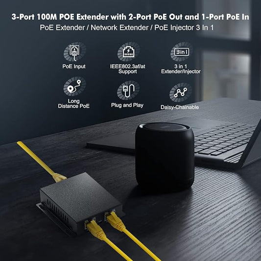 Binardat PoE Extender Passthrough Switch, 1 in 2 Out, IEEE802.3af/at Powered - Image 2