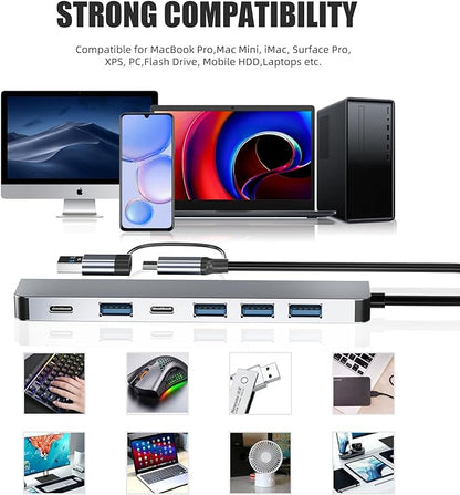 Aluminum 7 in 1 USB C Hub with USB 3.0, 7 Ports with 2* USB-C and 5* USB-A - Image 7