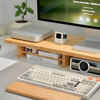 Bamboo Dual Monitor Stand Riser Natural, 2-Tier Desk Monitor Riser - Image 3