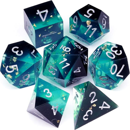 Haxtec Sharp Edge DND Dice Set Blue Black Resin Dice Gold Flakes D&D Dice by HaxtecDice