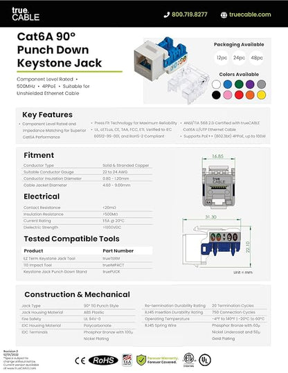 trueCABLE Cat6A Keystone Jack, Unshielded, 90 Degree Punch-Down, UL Listed - Image 8