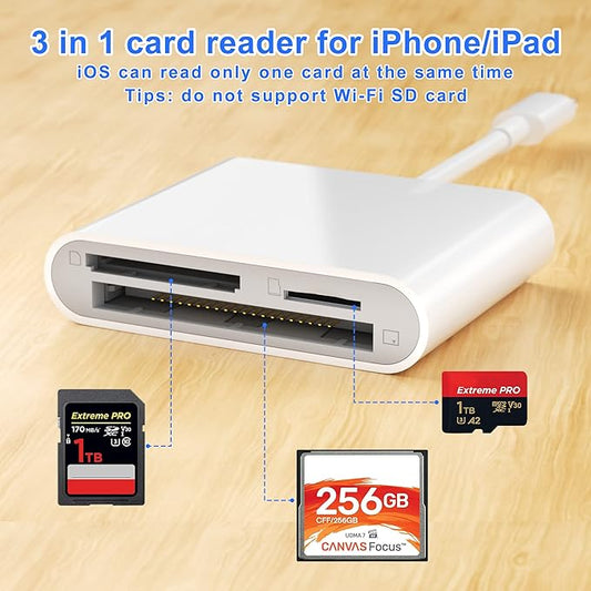 CF SD Card Reader for iPhone iPad, 3 in 1 Compact Flash Memory Card Reader - Image 2