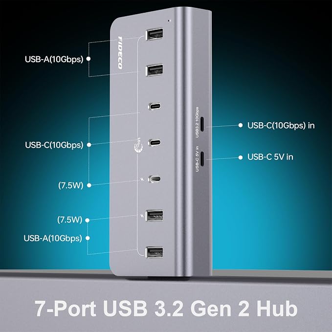 FIDECO Powered USB Hub, 7 Port 10Gbps Fast Data Hub - Image 2