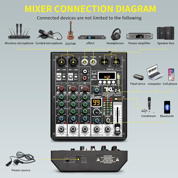 4 Channel Audio Mixer, Professional DJ Mixer Sound Board Mixing Console - Image 6