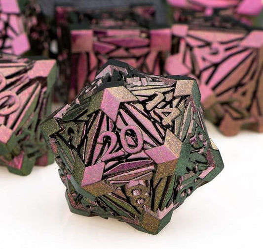 7PCS Metal DND Dice Set with Box, Debris RPG Purple Red D and D Dice by ORIFANTOU