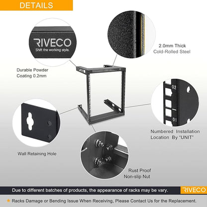 RIVECO 12U 19" Wall Mount Server Rack – 17.7" Deep 2 Post Open Frame Cabinet - Image 3