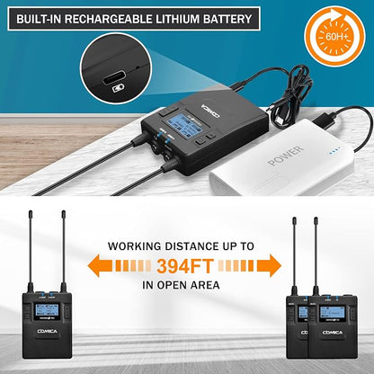 Dual Wireless Lavalier Microphone System, Comica CVM-WM300A UHF 96 Channel - Image 4