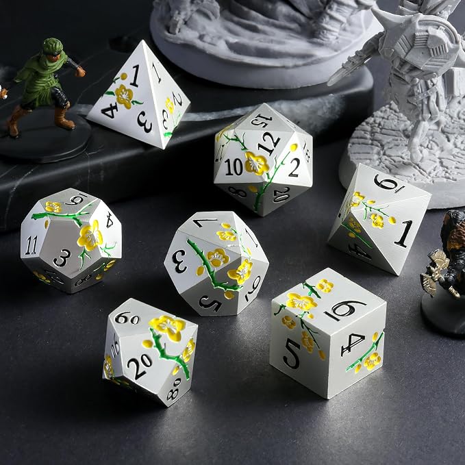 Silver Metal DND Dice, DNDND 7 PCS Heavy Flower Metallic D&D Dice Set - Image 5