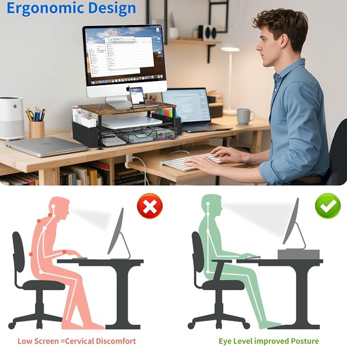 Wood Desk Organizers and Accessories, 2-Tier Computer Monitor Stand Riser - Image 2