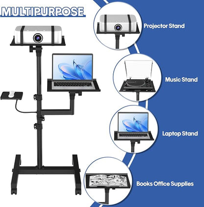 2 Shelves Mobile Projector Stand, Rolling Laptop Stand Adjustable Height to 47 - Image 4