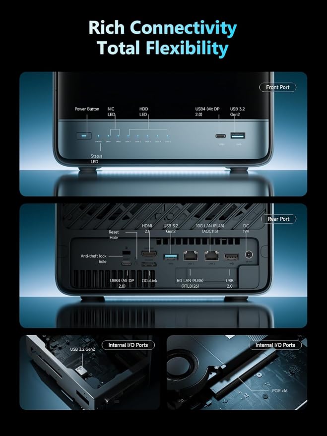 MINISFORUM N5 Pro 5-Bay Desktop AI NAS, AMD Ryzen AI 9 HX PRO 370 CPU, 16GB DDR5 - Image 9